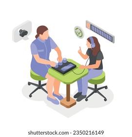 Hearing check isometric composition with doctor audiologist in medical gown doing hearing test vector illustration