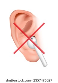 Hearing damage. Loud sound from vacuum headphones damage the inner ear. Forbidden sign earphones