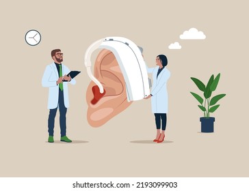 Hearing Device concept. Women and man check big ear. Modern methods of diagnostics and treatment. Specialist doctors, ENT. Cartoon flat vector illustration