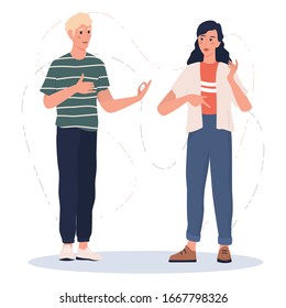 Hearing disability concept. Deaf man and woman talk to each other. People with hearing aid. Young disabled deaf-mute man and woman communicate using sign language. Flat vector illustration