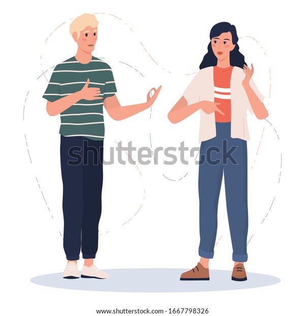 Hearing disability concept. Deaf man and\
woman talk to each other. People with hearing aid. Young disabled\
deaf-mute man and woman communicate using sign language. Flat\
vector illustration