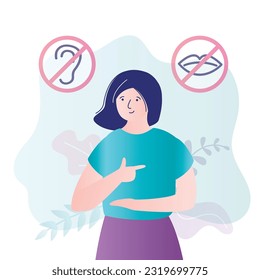 Hearing disability concept. Deaf woman, people with hearing aid. Young disabled deaf-mute female character communicate using sign language. Deaf language, articulation. flat vector illustration