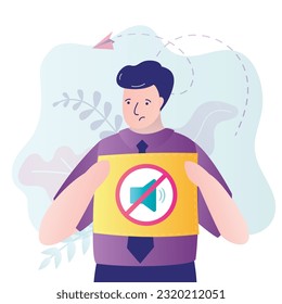 Hearing disability concept. Unhappy deaf man, people with hearing aid. Young disabled deaf-mute female character communicate using sign language. Deaf language, articulation. flat vector illustration