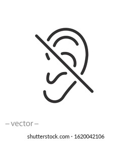 Hearing Disability Icon, No Hear Or Mute, Deaf Ear, Thin Line Web Symbol On White Background - Editable Stroke Vector Illustration