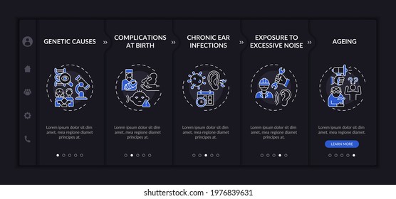 Hearing disorder aspects onboarding vector template. Responsive mobile website with icons. Web page walkthrough 5 step screens. Exposure to excessive noise night mode concept with linear illustrations