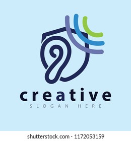 Hearing, ear with shield logo icon vector template