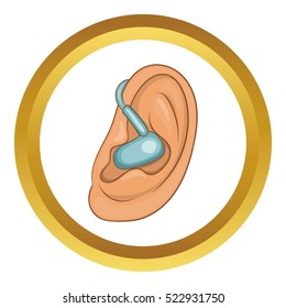 Hearing ear vector icon in golden circle, cartoon style isolated on white background