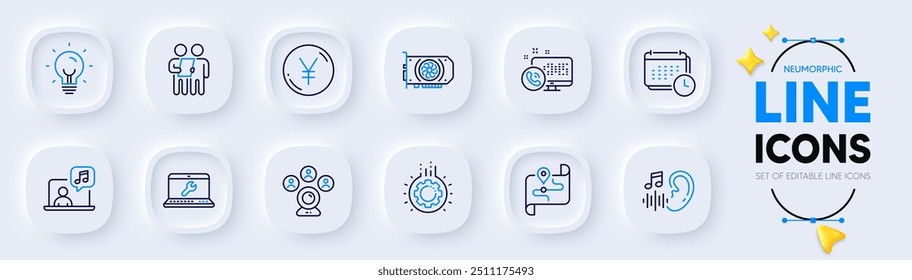 Iconos de la línea de la audición, de la energía y de la música para el App del Web. Video Pack de iconos de mapa, conferencia, pictograma de gpu. Yen dinero, equipo, signos de calendario. Encuesta, llamada de Web, reparación de portátiles. Mensaje de audio, Lightbulb. Vector