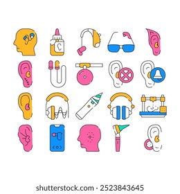 Hearing Equipment Collection Icons Set Vector. Cochlear Implant And Hearing Testing, Tool For Cleaning Ears And Otoscope Medical Device Concept Linear Pictograms. color Contour Illustrations