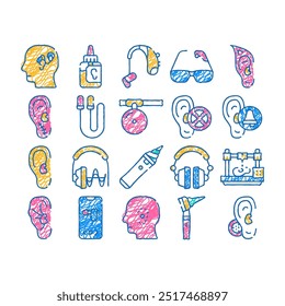 hearing equipment doodle icons set vector. sketch line art cochlear implant and hearing testing, tool for cleaning ears and otoscope medical device. color illustrations