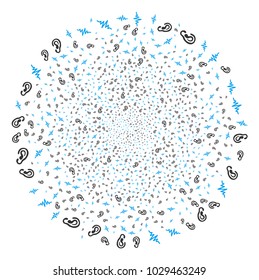 Hearing exploding spheric cluster. Object pattern constructed from scattered hearing design elements as burst sphere. Vector illustration style is flat iconic symbols.