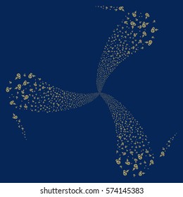 Hearing fireworks swirl rotation. Vector illustration style is flat yellow iconic symbols on a blue background. Object twirl made from random icons.