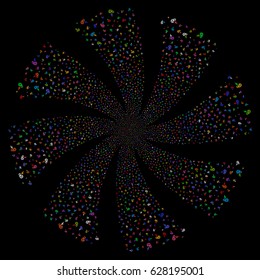 Hearing fireworks swirl rotation. Vector illustration style is flat bright multicolored iconic symbols on a black background. Object twirl created from random design elements.