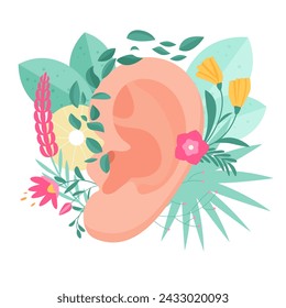 Hearing health care, audiology therapy and wellbeing. Human ear with summer blooming wild flowers and green plants, attention to healthy senses, deaf disability awareness cartoon vector illustration