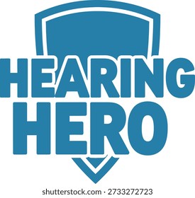 Ilustración vectorial de diseño de tipografía de escudo de héroe auditivo para audiología, protección auditiva y superhéroe médico sobre fondo transparente.