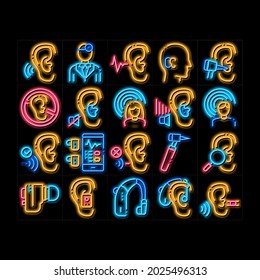 Vector de señalización de la luz del neón de sentido humano. Icono brillante dispositivo de ayuda auditiva y auricular. Equipo Médico Y Médico Para Ilustraciones De Investigación