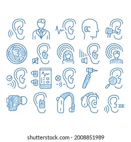 Hearing Human Sense sketch icon vector. Hand drawn blue doodle line art Hearing Aid Device And Earphone. Doctor And Medical Equipment For Research Illustrations