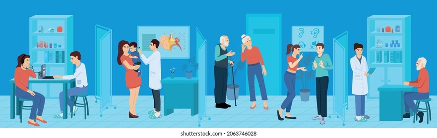 Hearing hygiene deaf problems flat composition with view of doctors office with patients of different age vector illustration