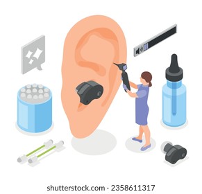 Hearing hygiene isometric concept with cotton buds medical drops in flask and huge ear with hearing aid inserted into it vector illustration