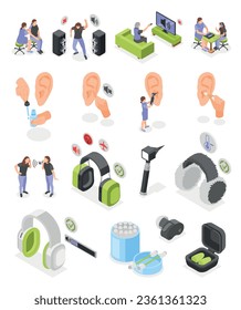 Hearing hygiene isometric icons set of medical tools for ear diagnostics and ear care products isolated vector illustration