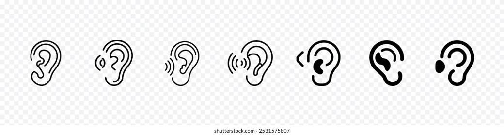Ícone de audição, ícone de escuta ativa, ícone de vetor de escuta, ícones de vetor de ouvido, símbolo de audição. Ícones de vetor de ouvido, símbolo de audição