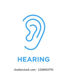Hearing icon. Human body ear symbol. Listen sign. Blue vector graphic line style illustration isolated on white background.