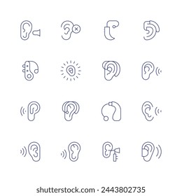 Conjunto de iconos de audición. Icono de línea fina. Trazo editable. Con tapón auditivo, sordo, audífono, auditivo, auditivo, auditivo, oído, oído.