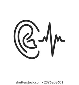 Hearing Icon. Thin Line Sign of Ear with Sound Wave, Symbolizing Auditory Health and Sound Perception. Isolated Outline Vector Sign.