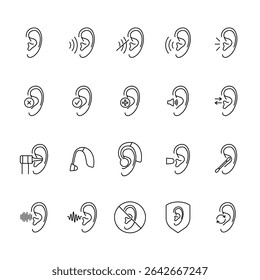 Hearing icons set. Listen, ear, deafness signs, line style editable stroke.