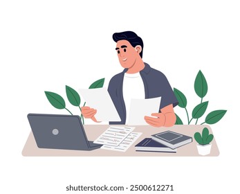 Hearing impaired man working with laptop at home or office. Happy hard of hearing student studying. Vector illustration.