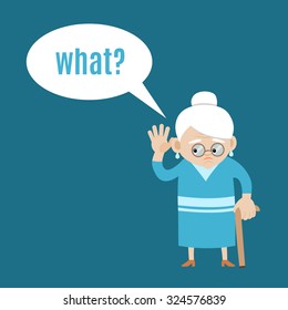 Hearing impaired old woman with cane asking "What?". Elderly woman hard of hearing holding her hand behind her ear. Vector illustration of hearing loss or hearing problem. Flat design, cartoon style.