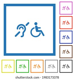 Hörgeschädigte und Rollstuhlsymbole mit flachen Farbsymbole auf weißem Hintergrund