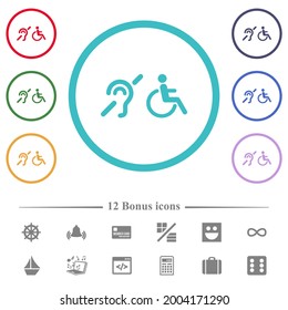 símbolos para personas con problemas de audición y para sillas de ruedas iconos de color plano en forma de círculo. 12 íconos adicionales incluidos.