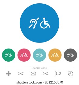 Symbole für Hörbehinderungen und Rollstuhlfahrer mit flachen, weißen Symbolen auf runden Farbhintergründen. 6 Bonussymbole sind im Lieferumfang enthalten.