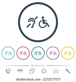 Hörbehinderungen und Rollstuhlsymbole flache Farbsymbole in runden Umrissen. 6 Bonussymbole sind im Lieferumfang enthalten.