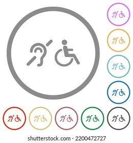 Hörbehinderte und Rollstuhlsymbole auf weißem Hintergrund mit flachen Symbolen in runden Umrissen