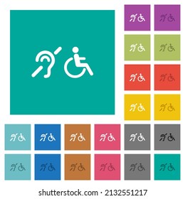 Symbole für Hörbehinderungen und Rollstuhlfahrer mit mehrfarbigen flachen Symbolen auf einfarbigem Hintergrund. Weiße und dunklere Icon-Variationen für Hover oder aktive Effekte.