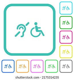 Hörgeschädigte und Rollstuhlsymbole mit lebhaften, farbigen, flachen Symbolen auf weißem Hintergrund