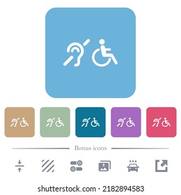 Symbole für Hörbehinderungen und Rollstuhlfahrer mit weißen flachen Symbolen auf buntem, quadratischem Hintergrund. 6 Bonussymbole enthalten