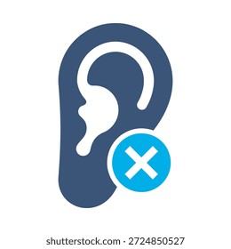 Ícone de deficiência auditiva azul plano vetor design orelha cruz símbolo surdo deficiência mudo handicap saúde médica problema gráfico elemento sinal