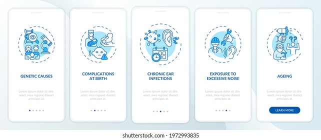 Hearing impairment onboarding mobile app page screen with concepts. Mutation, birth complications walkthrough 5 steps graphic instructions. UI, UX, GUI vector template with linear color illustrations