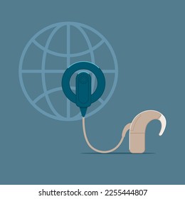 Hearing implant connected to earth. Seminar and various deaf awareness campaign.  World Deaf Day in last Sunday of September. Modern vector illustration in flat style.