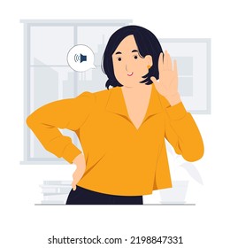 Hearing  listening  curiosity  gossip  deafness  pay attention   woman holding hand near ear concept illustration