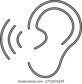 Ícone de audição e escuta representa comunicação, consciência de som, mínimo moderno, design. Possui um ouvido combinado com ondas sonoras, simbolizando a capacidade auditiva, ativa e clareza de áudio.
