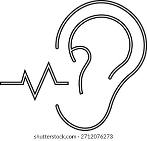 Ícone de audição e escuta representa comunicação, consciência de som, mínimo moderno, design. Possui um ouvido combinado com ondas sonoras, simbolizando a capacidade auditiva, ativa e clareza de áudio.