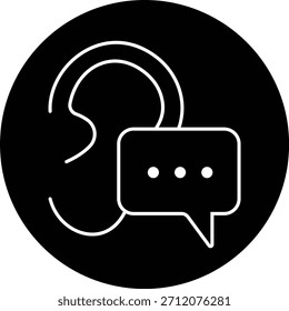 Ícone de audição e escuta representa comunicação, consciência de som, mínimo moderno, design. Possui um ouvido combinado com ondas sonoras, simbolizando a capacidade auditiva, ativa e clareza de áudio.
