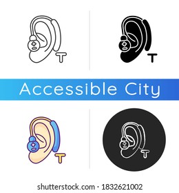 Hearing loop icon. Assistive listening technology. Audio induction loop system. Hearing aids. Clear sound facilities. Linear black and RGB color styles. Isolated vector illustrations