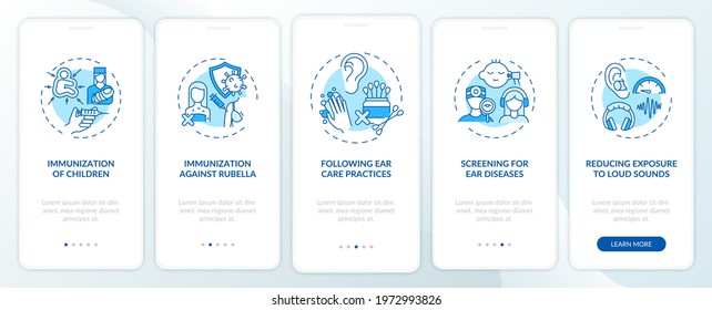 Hearing loss avoidance onboarding mobile app page screen with concepts. Children immunization walkthrough 5 steps graphic instructions. UI, UX, GUI vector template with linear color illustrations