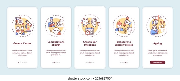 Hearing loss causes onboarding mobile app page screen with concepts. Genetics, birth complications walkthrough 5 steps graphic instructions. UI, UX, GUI vector template with linear color illustrations