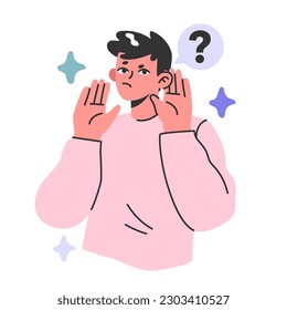 Hearing loss concept. Young male character with hearing system disease or disability. Deaf person communication. Flat vector illustration